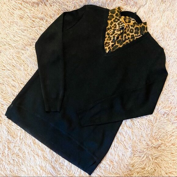 Misook Leopard Collared Blouse in Black Small Petite - Picture 1 of 6